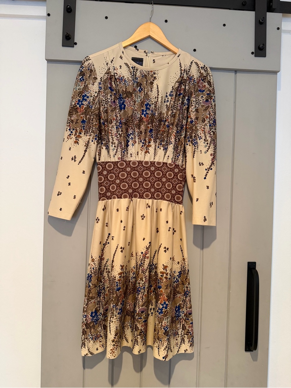 Creme Floral Long Sleeve Fit-and-Flare Dress with Contrasting Waistband